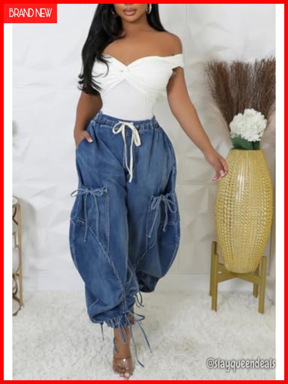 High Waisted Baggy Cargo Jogger Jeans Wide Leg Drawstring Pockets Loose Harem - Picture 3 of 7